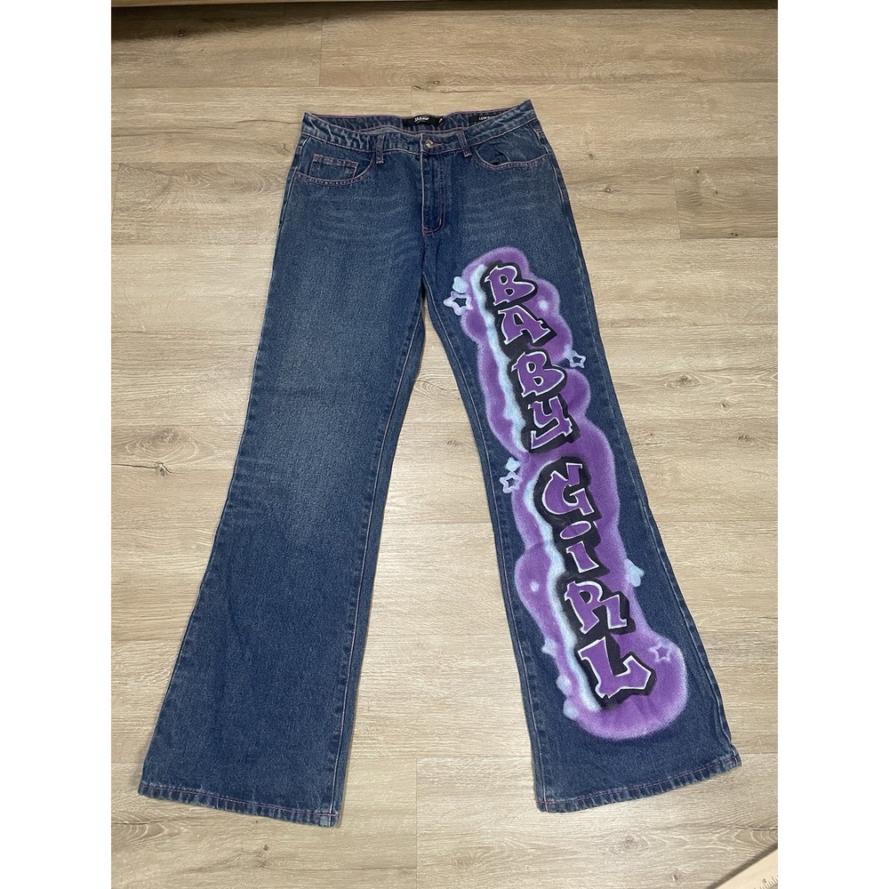 Jade Jeans Y2K Low Rise Bootcut Women's Sz 28 Graffiti Art Blue Jeans Flare
